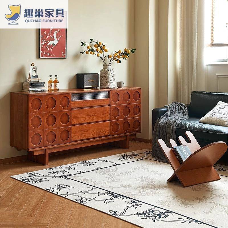 北欧实木餐边柜客厅中古风复古风卧室靠墙床尾收纳柜复古储物斗柜