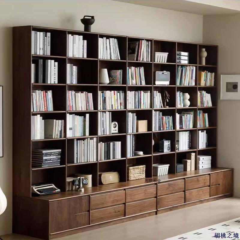 北欧实木黑胡桃木书柜满墙落地带卡座书架组合现代简约格子置物架