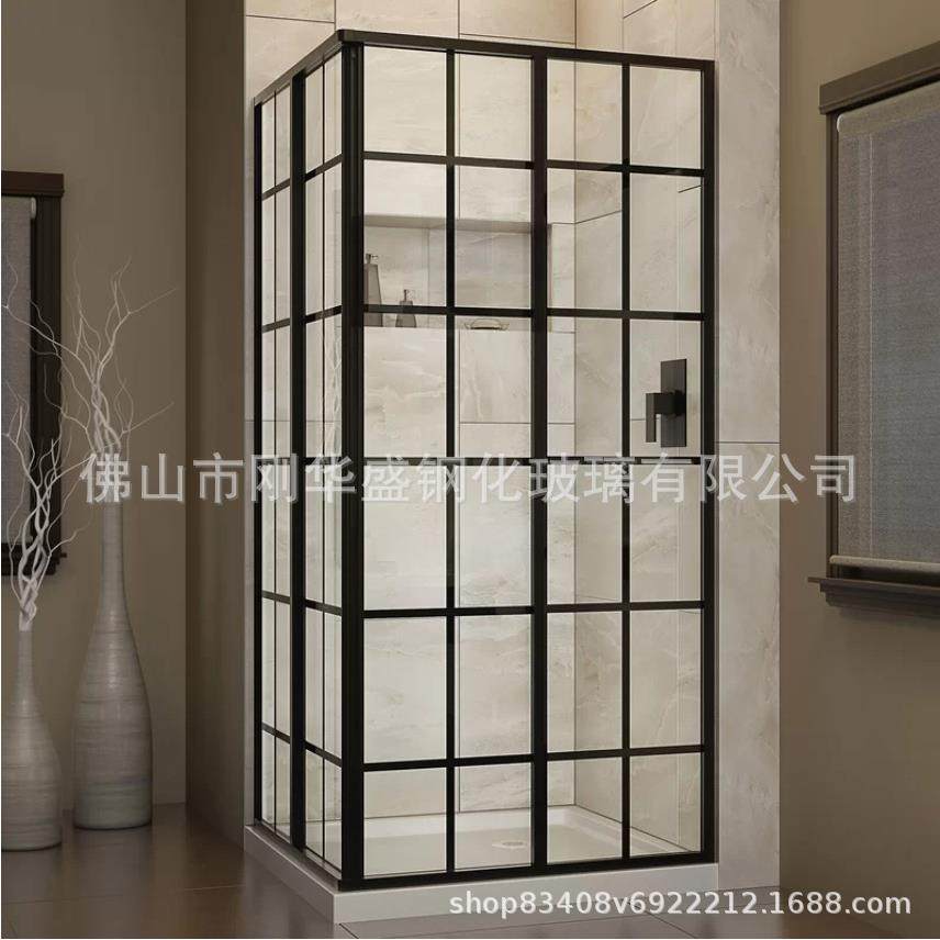 奢华丝印黑框钢化玻璃双开趟门移门玻璃方形淋浴房