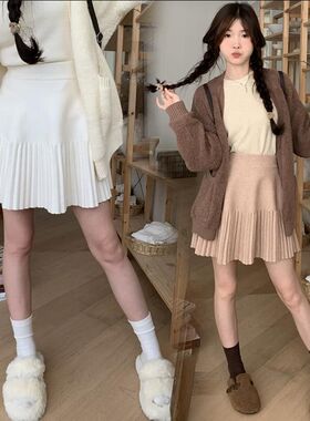 孕妇半身裙秋冬季新款百褶裙毛线针织短裙女百搭A字裙小个子伞裙