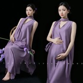 影楼新款 纯欲高级感紫色连衣裙孕妈咪大肚照写真 简约孕妇拍照服装