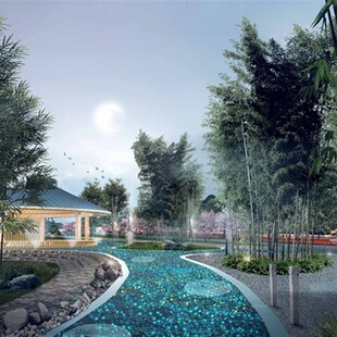 公园夜游景区夜景灯光设计案例效果图 射树灯 江南水乡夜景