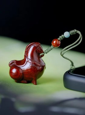 小叶紫檀吊坠唐马木雕挂件十二生肖手机吊坠马到成功钥匙扣手把件