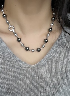 双扣大溪地灰色水晶珍珠项链小众网红轻奢高级感毛衣链长款叠戴女