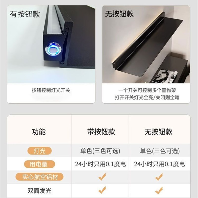 铝合金发光层板墙上置物架书架客厅金属一字板酒架壁挂式展示架 - 实物图