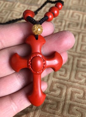 十字架吊坠台湾原矿朱砂挂件男女新款十字架钥匙扣本命年红绳项链