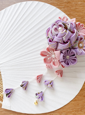 山鸟和色日系和风绉布发饰和服汉服头饰写真流苏发梳 紫色