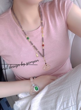 新中式纯天然灰玛藕粉如意吊坠流苏羽毛配件显白项链时尚复古女