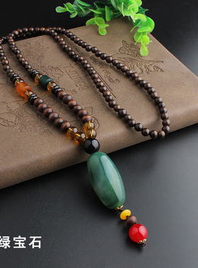 复古木珠项链男女民族风长款毛衣链简约百搭佛珠吊坠衣服配饰挂件