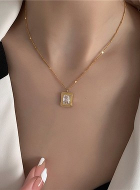 加长项链女胖MM法式方块钻冰糖方砖高级设计感小众胖人大码锁骨链