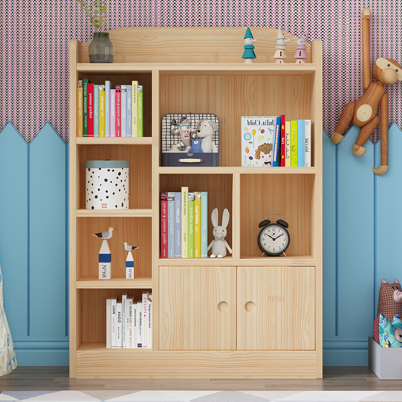 实木儿童书架落地书柜置r物架客厅简易带门书橱小学生收纳柜子特