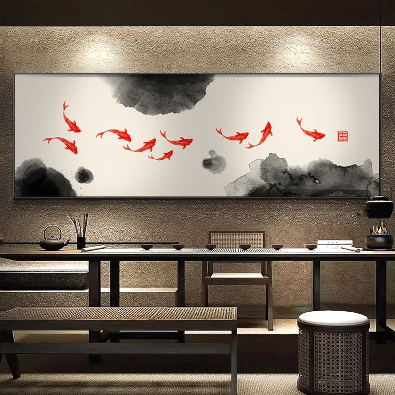 中式九鱼茶室装饰画横幅水墨客厅沙发背景墙挂画禅意卧室床头壁画图片