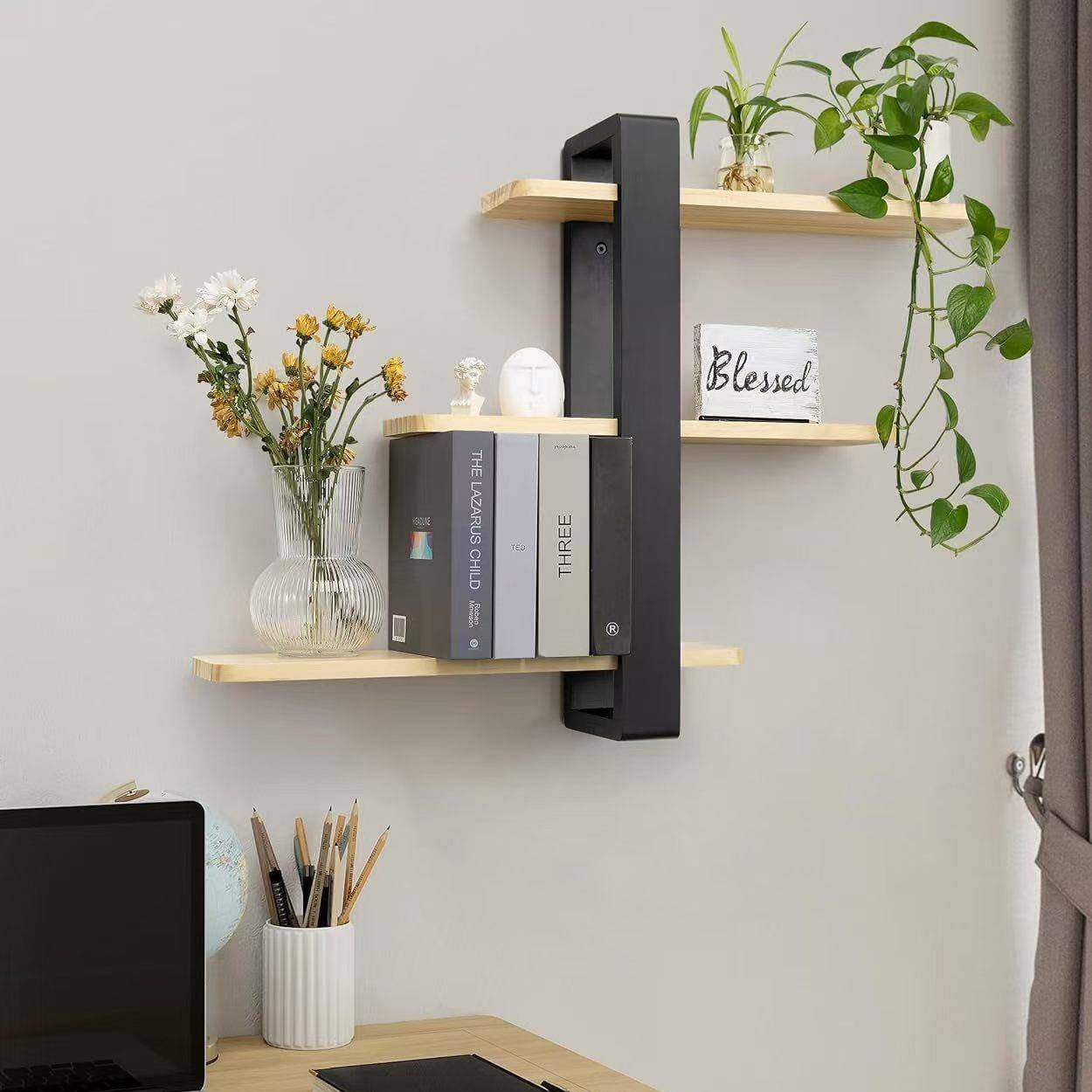 【折扣价】新款木质墙壁收纳架绿植多肉展示架悬浮书架博古架实木