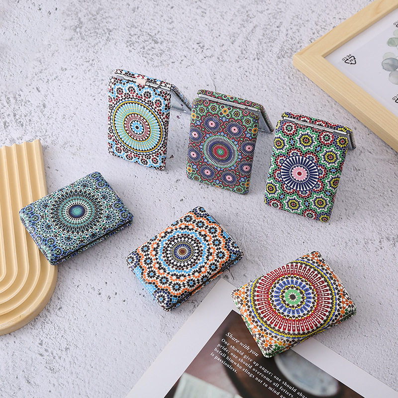 化妆折叠镜长方形面包镜复古风波西米亚风便携厚款双面pu口袋镜