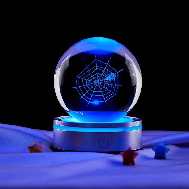 跨境专供蜘蛛d立体激光内雕水晶球创意发光小夜灯桌面装饰工艺品