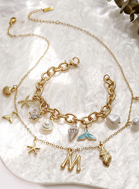 女式字母项链金色吊坠波西米亚夏季贝壳海滩海星冲浪手饰女孩礼物