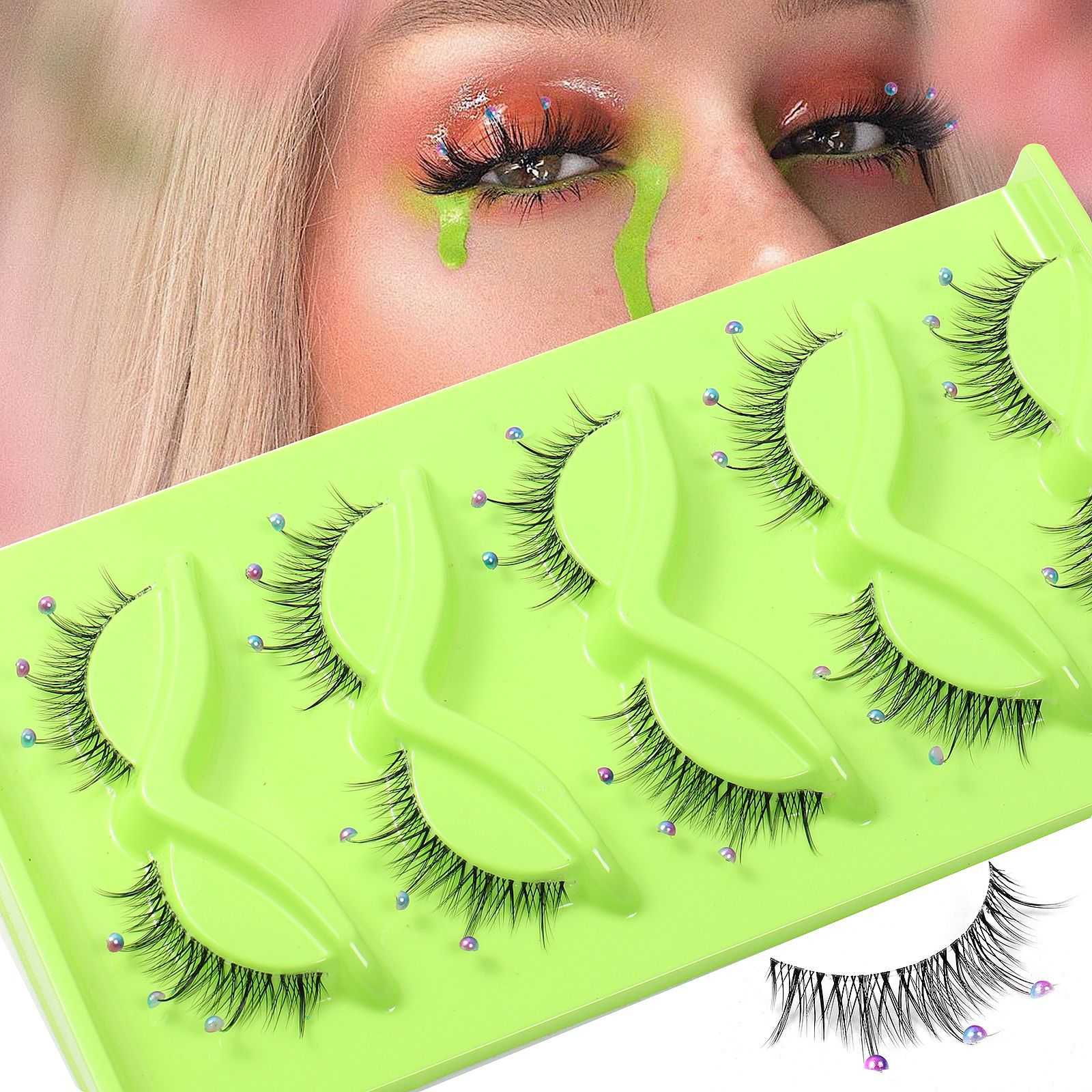爆款5对装透明梗狐狸眼假睫毛带彩色珍珠舞台装饰猫眼假睫毛