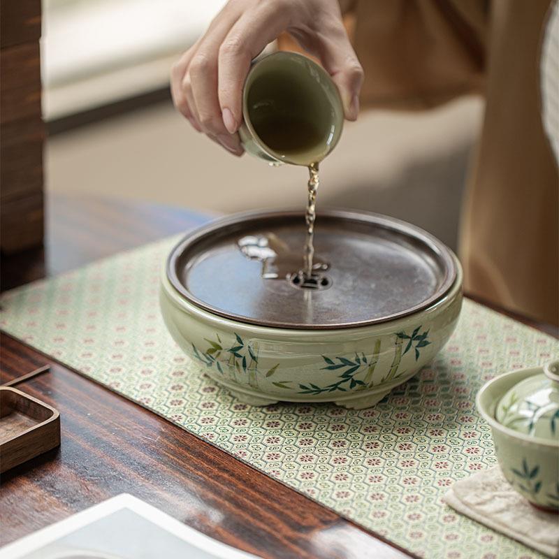 铜盖仿古壶承茶道配件蓄水建水做旧六鼎手绘文竹百搭壶承