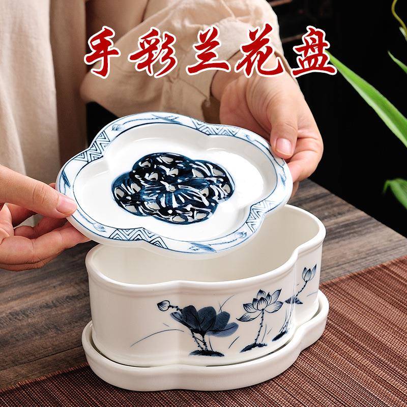 纯手工名家彩绘陶瓷储水式小茶盘工夫茶船壶承干泡台青花瓷兰花盘