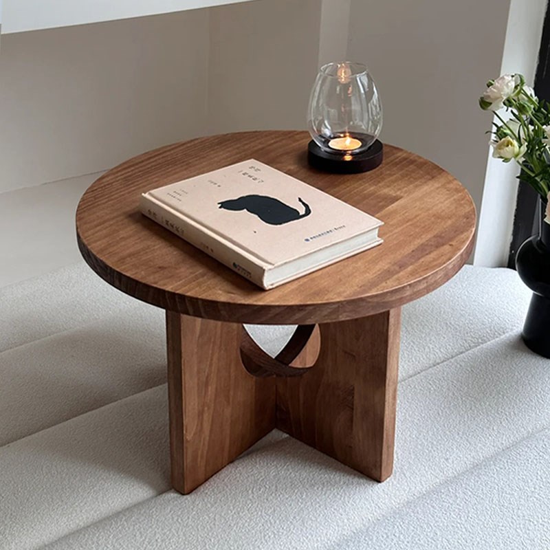 恬梦家居型小茶几实木简约小圆桌诧寂风飘窗复古休闲小桌子