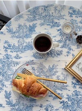 法式ns式复古蓝色印花背景布餐桌布茶几布料野餐布盖布台布