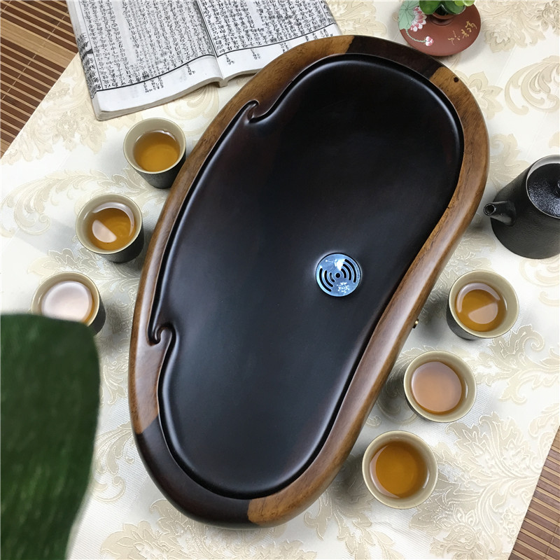 黑檀木整块实木茶盘小号家用长方形圆形排水式潮汕功夫茶具木