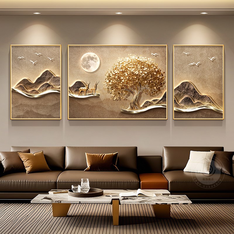 发财树客厅装饰画高级感现代轻奢沙发背景墙挂画九鱼靠山三联壁画图片