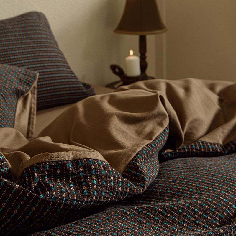 【折扣价】四季款全棉色织提花四件套复古文艺旧风纯棉暗红色床单