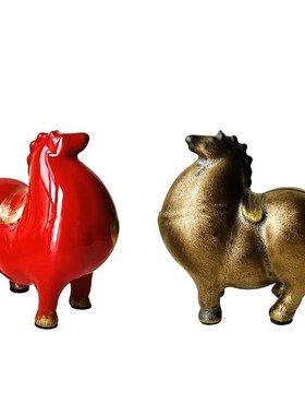 陶瓷唐五花小胖马红色马陶瓷工艺品客厅家居小饰品送礼小唐马摆件