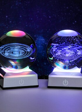 水晶球小夜灯摆件太阳系月球银河水母玻璃球装饰送男朋友生日礼物