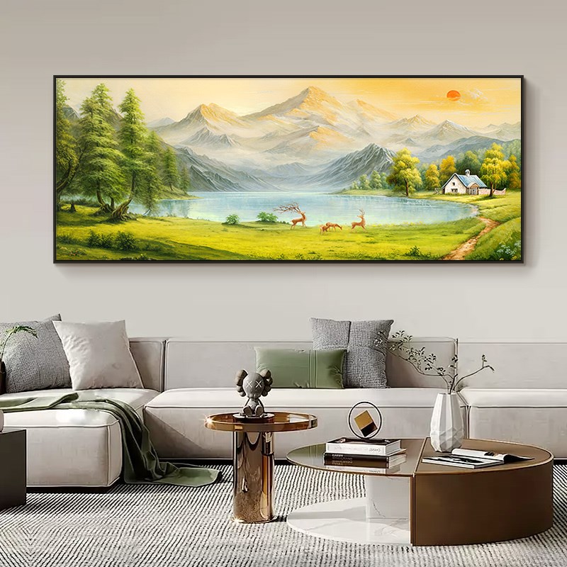 金山聚宝盆手绘装饰画挂画壁画高级风景背景墙日照油画客厅感沙发图片