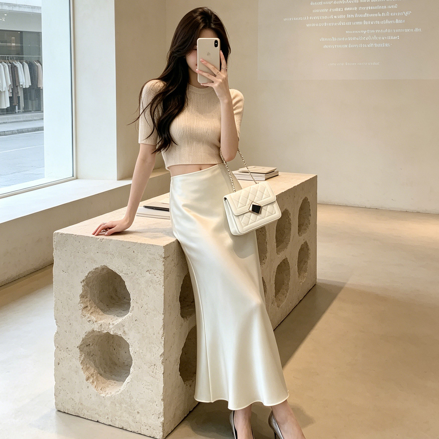 YanHe半身裙女2026新款不规则中长款裙子包臀白色小个子夏季缎面