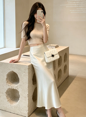 YanHe半身裙女2026新款不规则中长款裙子包臀白色小个子夏季缎面