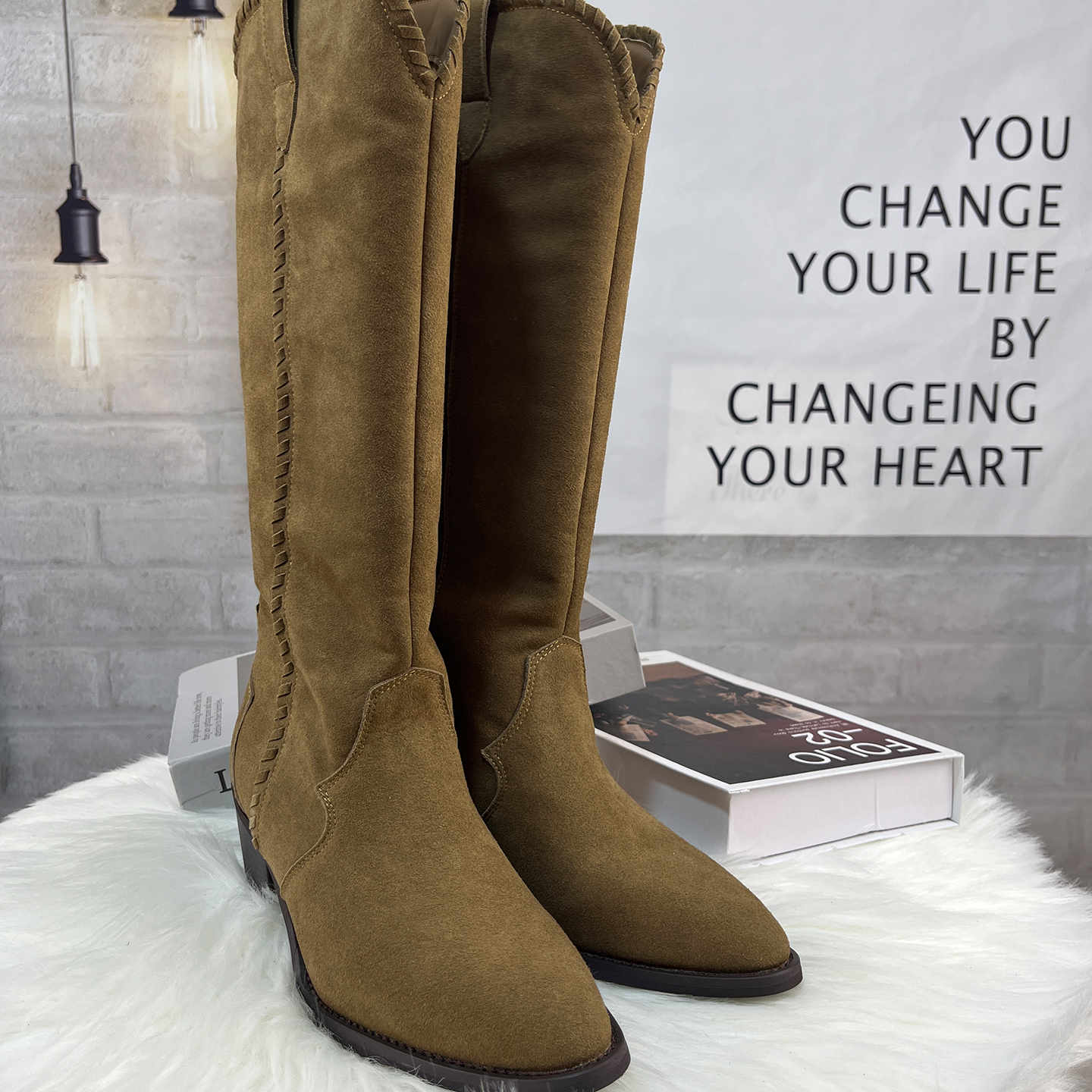 JOY秋冬新款磨砂皮尖头粗跟