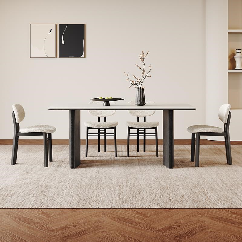 意式实木餐桌长方形家用现代简约小户型白蜡木复古纯白岩板餐桌