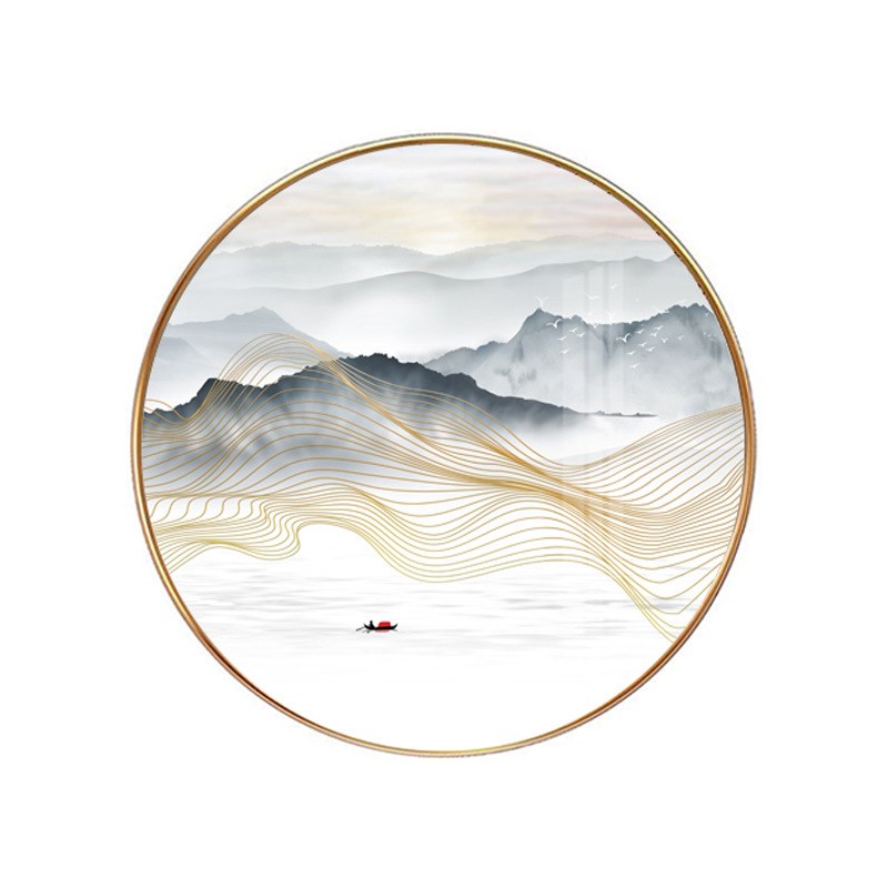 新中式客厅圆形装饰画 沙发背景墙水墨山水挂画卧室床头禅意壁画图片