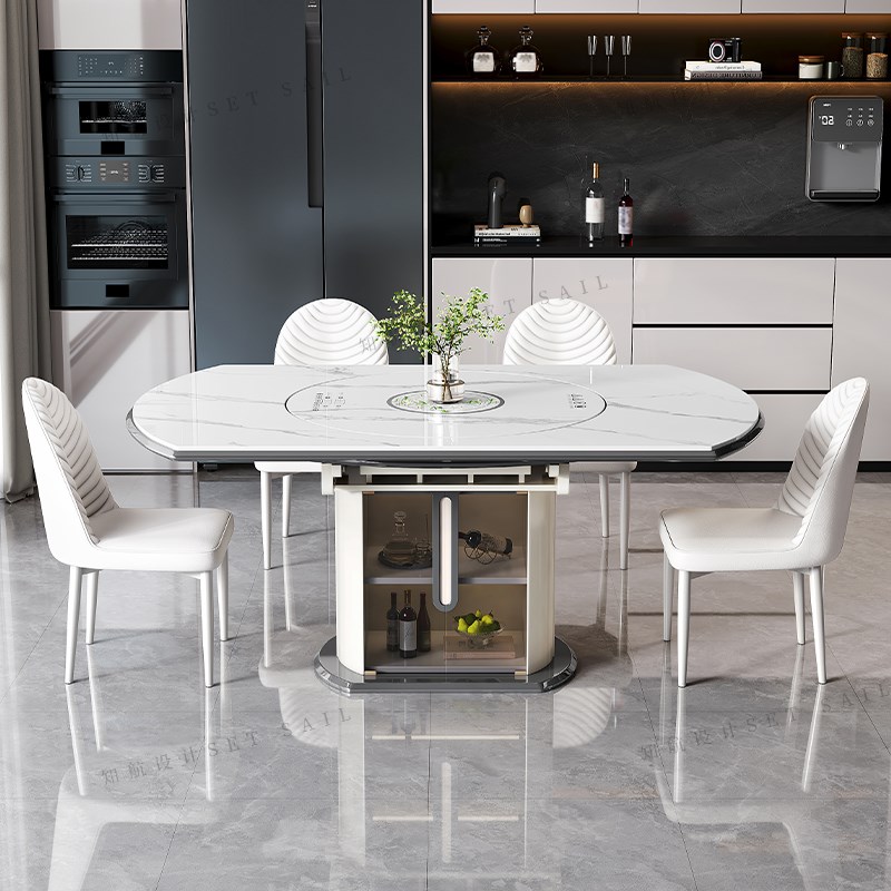 高端岩板餐桌电磁炉智能暖菜板电动转盘饭桌家用可伸缩折叠圆桌