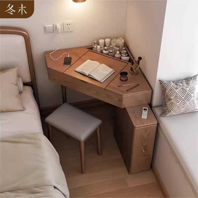 佛山实木转角梳妆台卧室收纳柜一体小户型墙角化妆台拐三角化妆桌