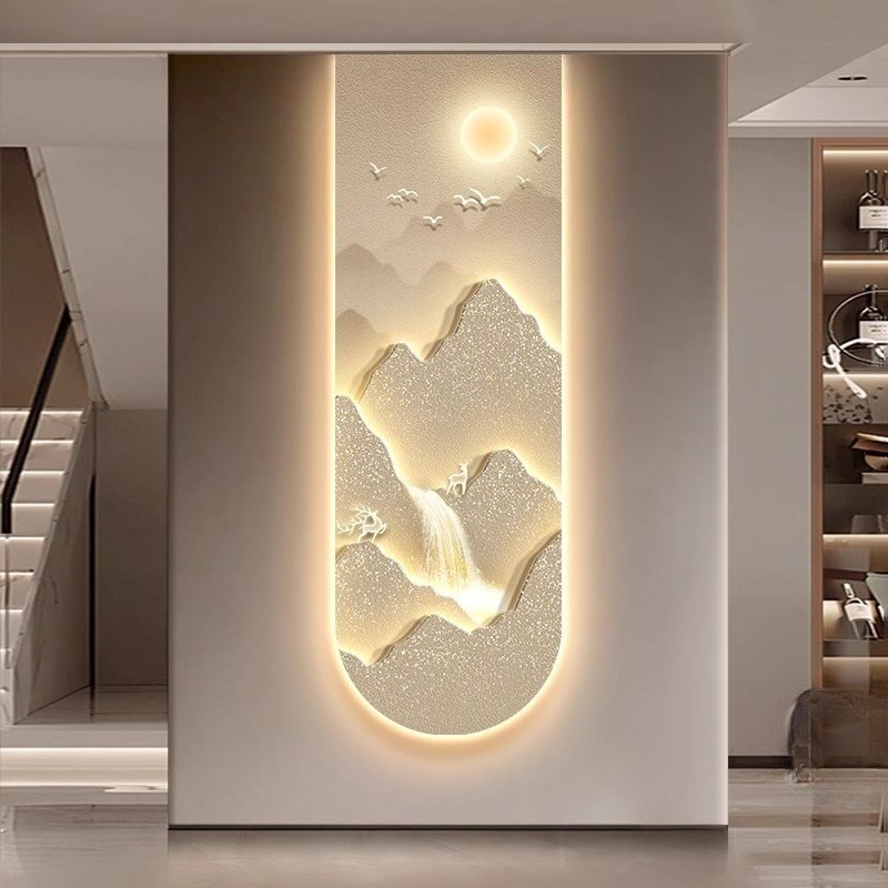 壁灯旭日东升有靠山入户门正对墙上装饰画玄关客厅挂画LED灯光画