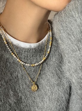 设计感多色串珠叠戴玫瑰花圆牌项链女气质百搭毛衣链