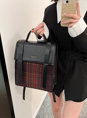 复古格子大容量旅行包包女2023新款潮英伦学院风休闲淑女双肩背包