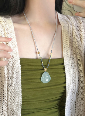 天然石玉髓大肚佛公吊坠编绳项链女新中式复古高级感锁骨链配饰品