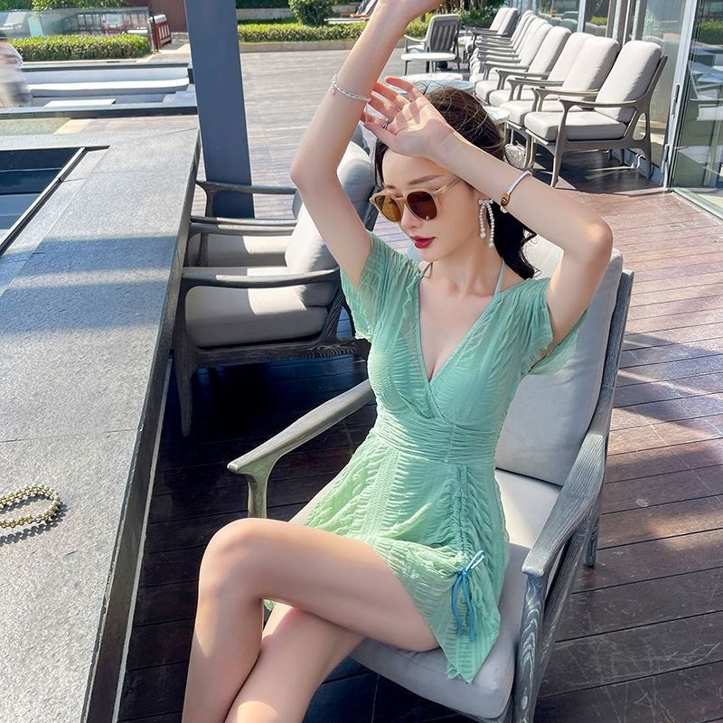 网红风绿色连衣裙式露背连体泳衣女款夏仙显瘦遮肉遮肚子性感高级