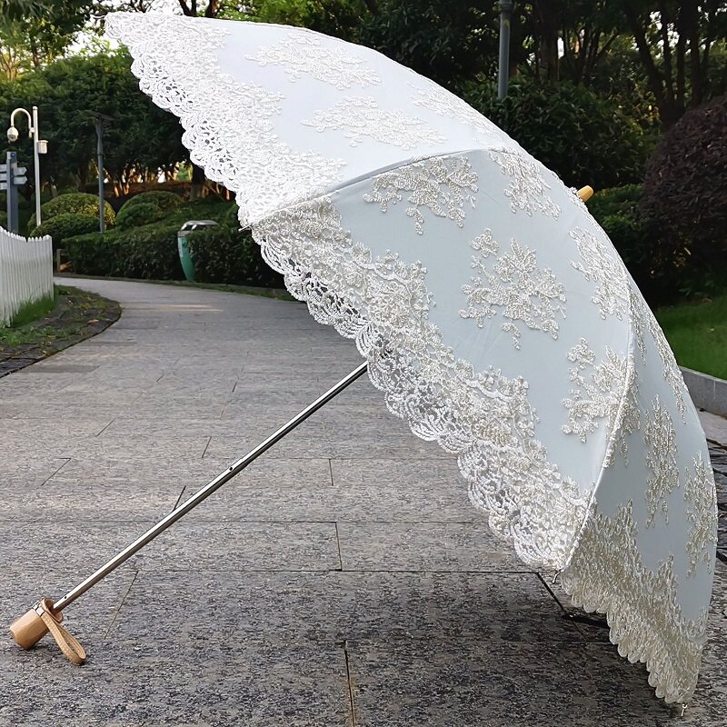 米白色黑色复古典蕾丝刺绣花黑胶防紫外线太阳伞晴雨伞奢华