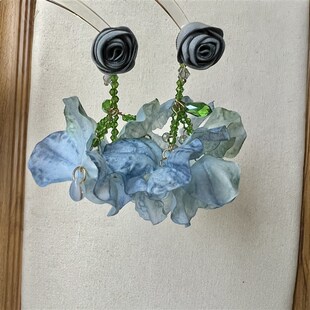 法式浪漫仿制花朵流苏耳环复古夸张度假风蓝色浪漫耳钉耳夹耳饰女