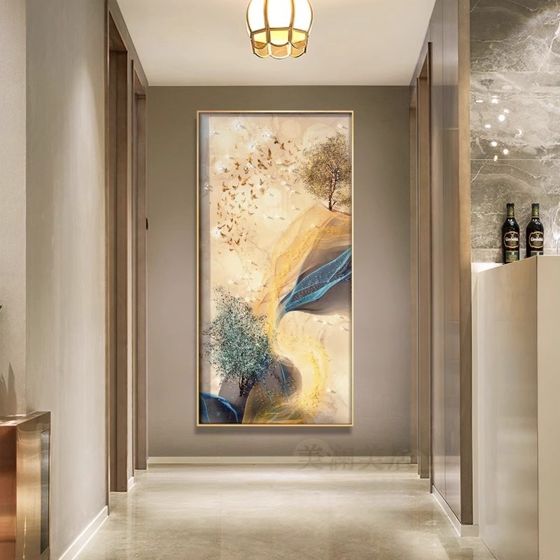 鹿晶瓷镶钻轻奢入户玄关装饰画竖走廊背景墙挂画过道尽头抽象壁画图片