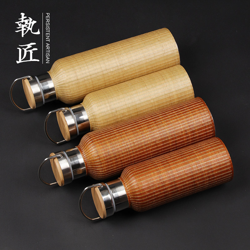 竹编细丝保温杯保温壶热水瓶茶具茶杯304不锈钢瓷胎扣瓷 便携出游
