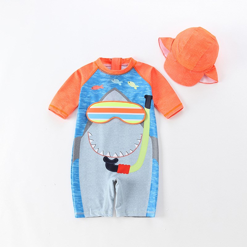 韩版新款儿童泳衣男童连体可爱鲨鱼宝宝婴儿防晒游泳衣游泳裤套装