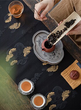 中式云旗意松织锦缎麂皮绒茶席茶道禅桌茶旗茶桌布西阵织茶配桌垫