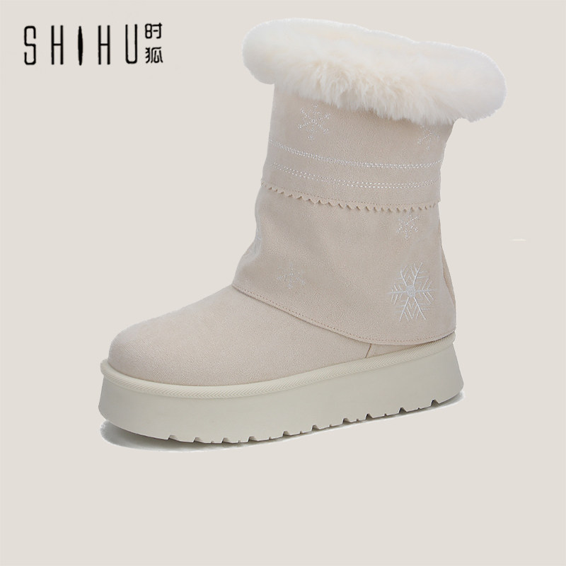 时狐美式加绒加厚雪地靴女厚底堆堆靴中筒靴毛毛棉靴2025新款冬季,女鞋,棉鞋,淘宝优惠券,粉丝福利购,淘宝优惠卷
